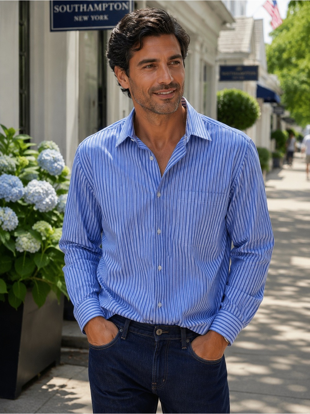 Vintage Valentino Uomo Banker Stripe Dress Shirt 90s Blue White Cotton 15 34/35